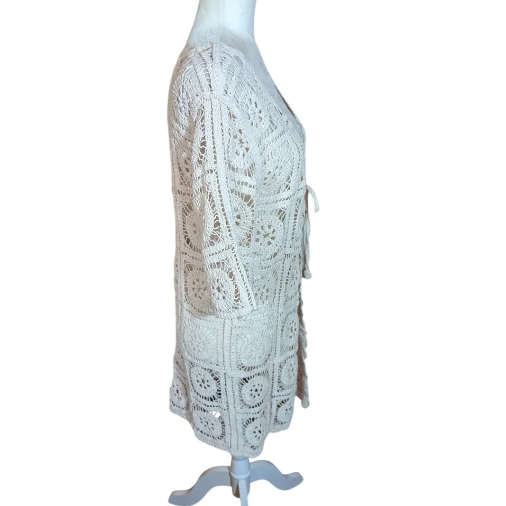 New Crochet Cardigan Natural Cream long Tie Front Festival NWT Sz S/M